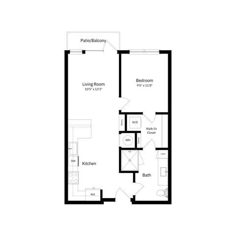 Floor plan for 1 bed, 1 bath, 626 sqft